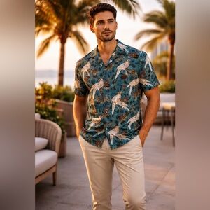 Express Bird Print Camp Shirt L Teal Ecovero Viscose Button Up